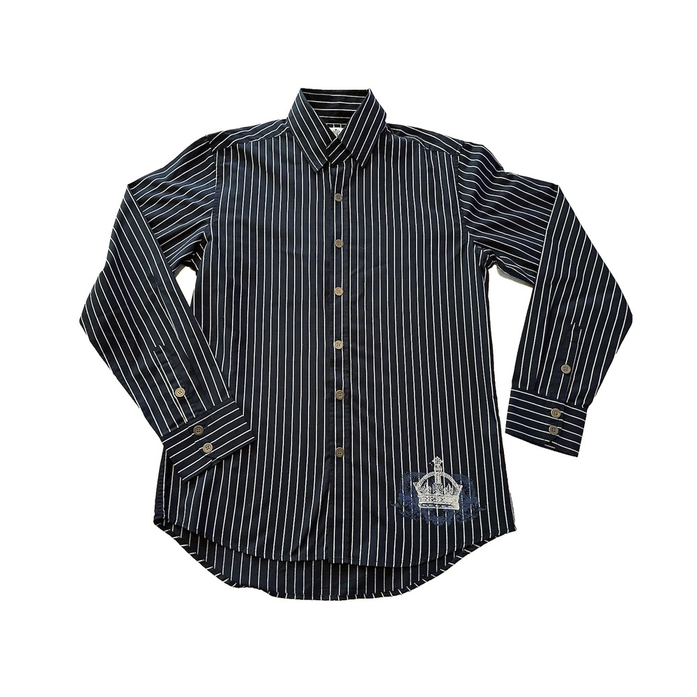 Level Ten Button Down Shirt Medium Navy w/White Stripes 2 Crown Graphics